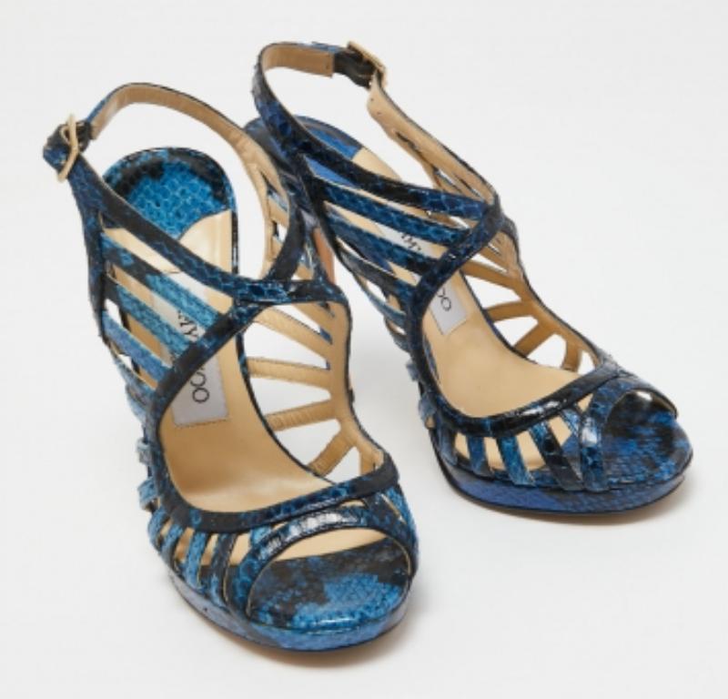 Jimmy Choo Bleu Python Keenan Platform Sandals Size 36.5 Pour femmes en vente