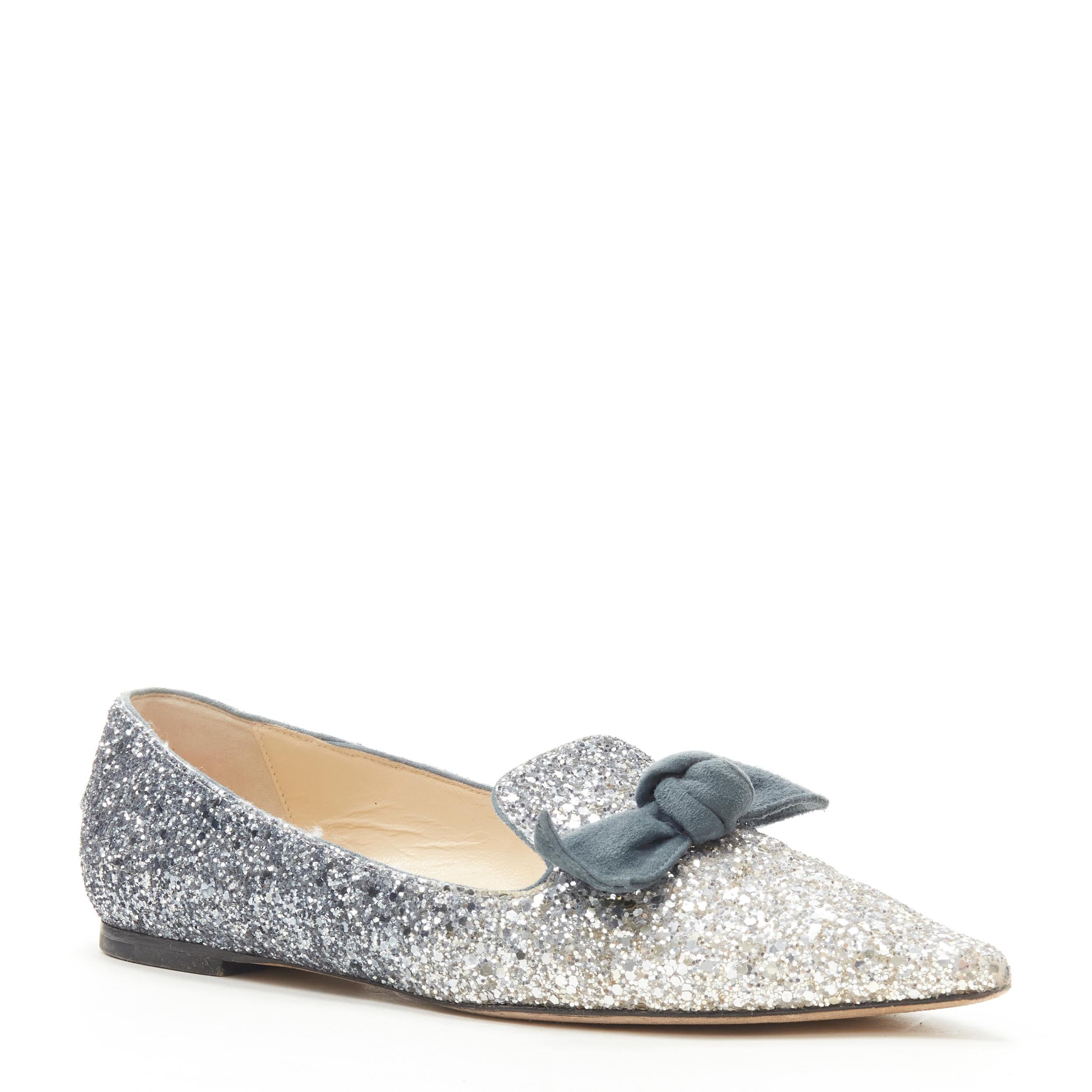 JIMMY CHOO blue silver degrade gradinet course  glitter suede bow flats EU38 In Excellent Condition In Hong Kong, NT