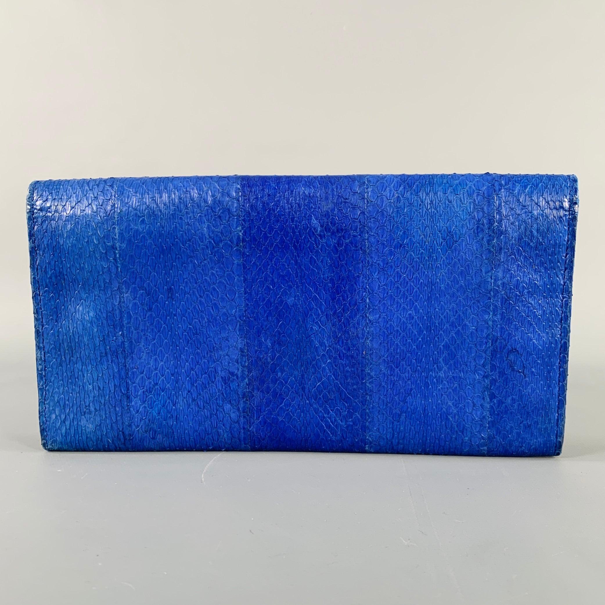 JIMMY CHOO Blue Silver Snake Skin Leather Clutch Handbag In Good Condition For Sale In San Francisco, CA