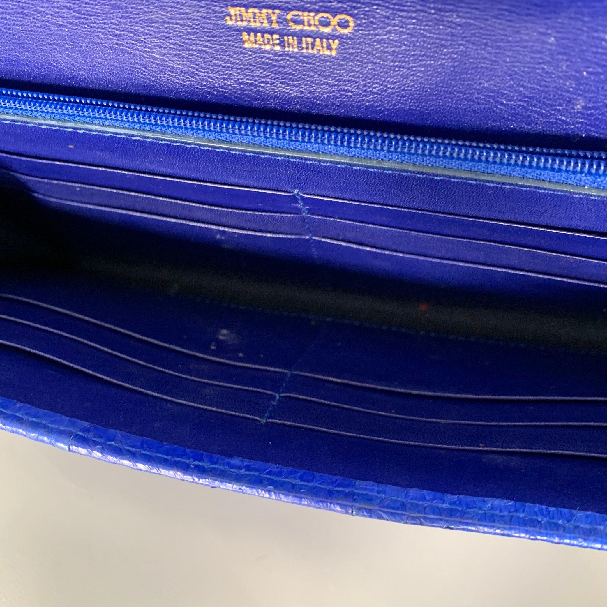 JIMMY CHOO Blue Silver Snake Skin Leather Clutch Handbag For Sale 1