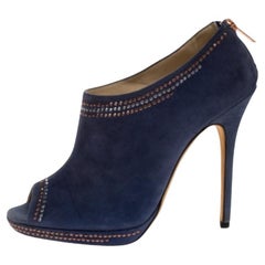 Jimmy Choo Blue Studded Suede Peep Toe Booties Size 39.5