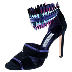 Jimmy Choo Blue Suede and Metallic Mirrored Klara Ankle Cuff Sandals Size 40