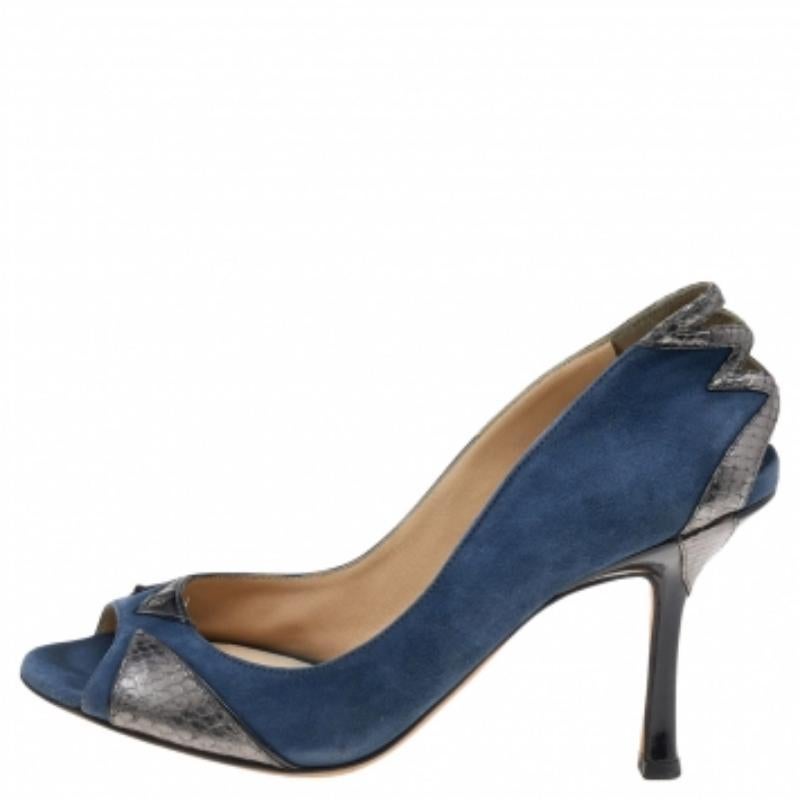 Gray Jimmy Choo Blue Suede and Snakeskin Peep Toe Pumps Size 36.5 For Sale