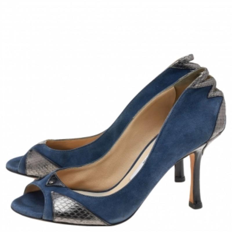 Women's Jimmy Choo Blue Suede and Snakeskin Peep Toe Pumps Size 36.5 For Sale