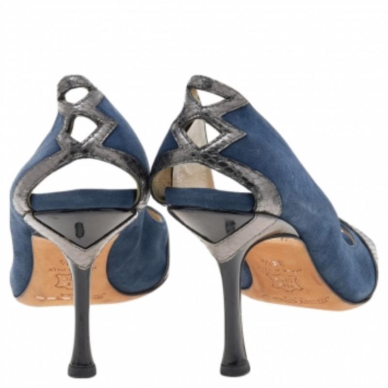 Jimmy Choo Blue Suede and Snakeskin Peep Toe Pumps Size 36.5 For Sale 1