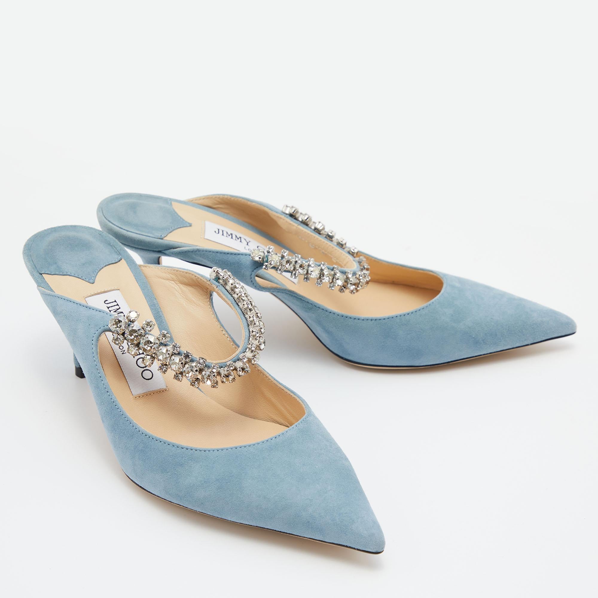Jimmy Choo Blue Suede Bing Crystal Embellished Pointed Toe Mules Size 36 In Excellent Condition In Dubai, Al Qouz 2