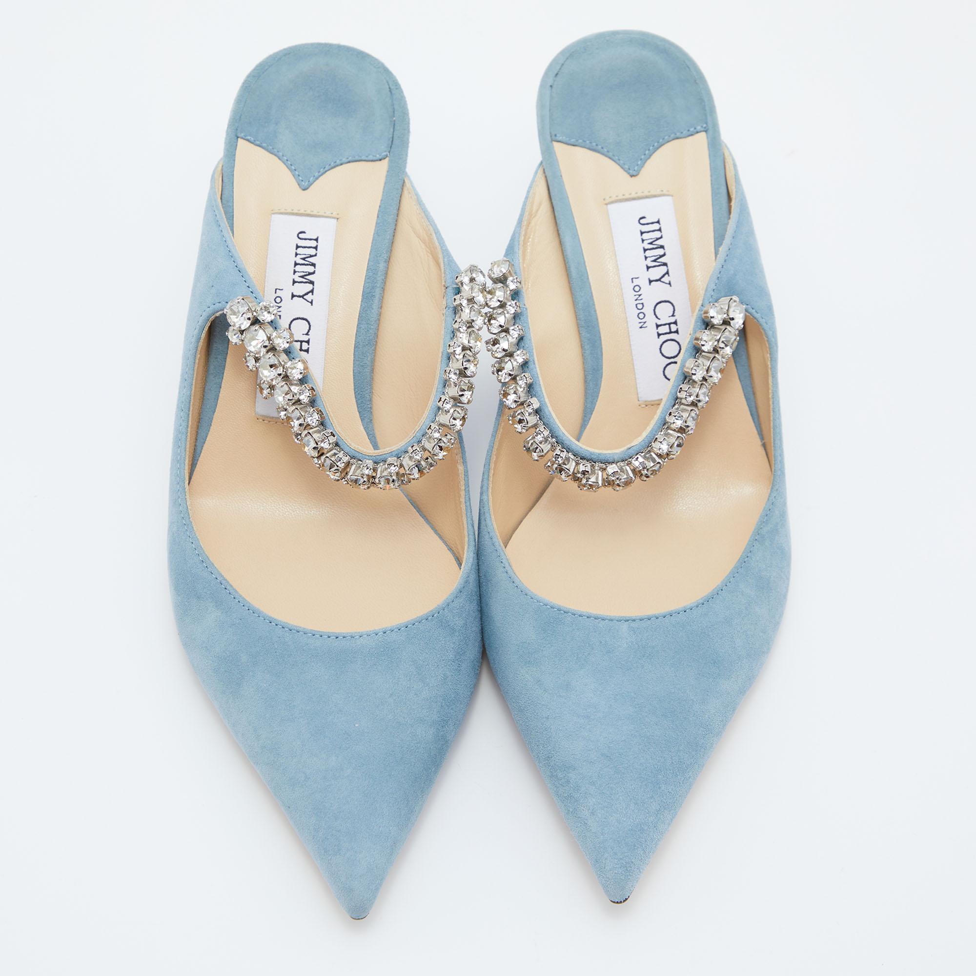 Jimmy Choo Blue Suede Bing Crystal Embellished Pointed Toe Mules Size 36 1