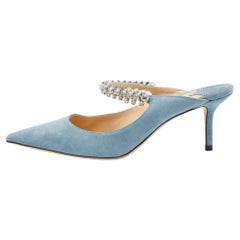 Jimmy Choo Blue Suede Bing Crystal Embellished Pointed Toe Mules Size 36