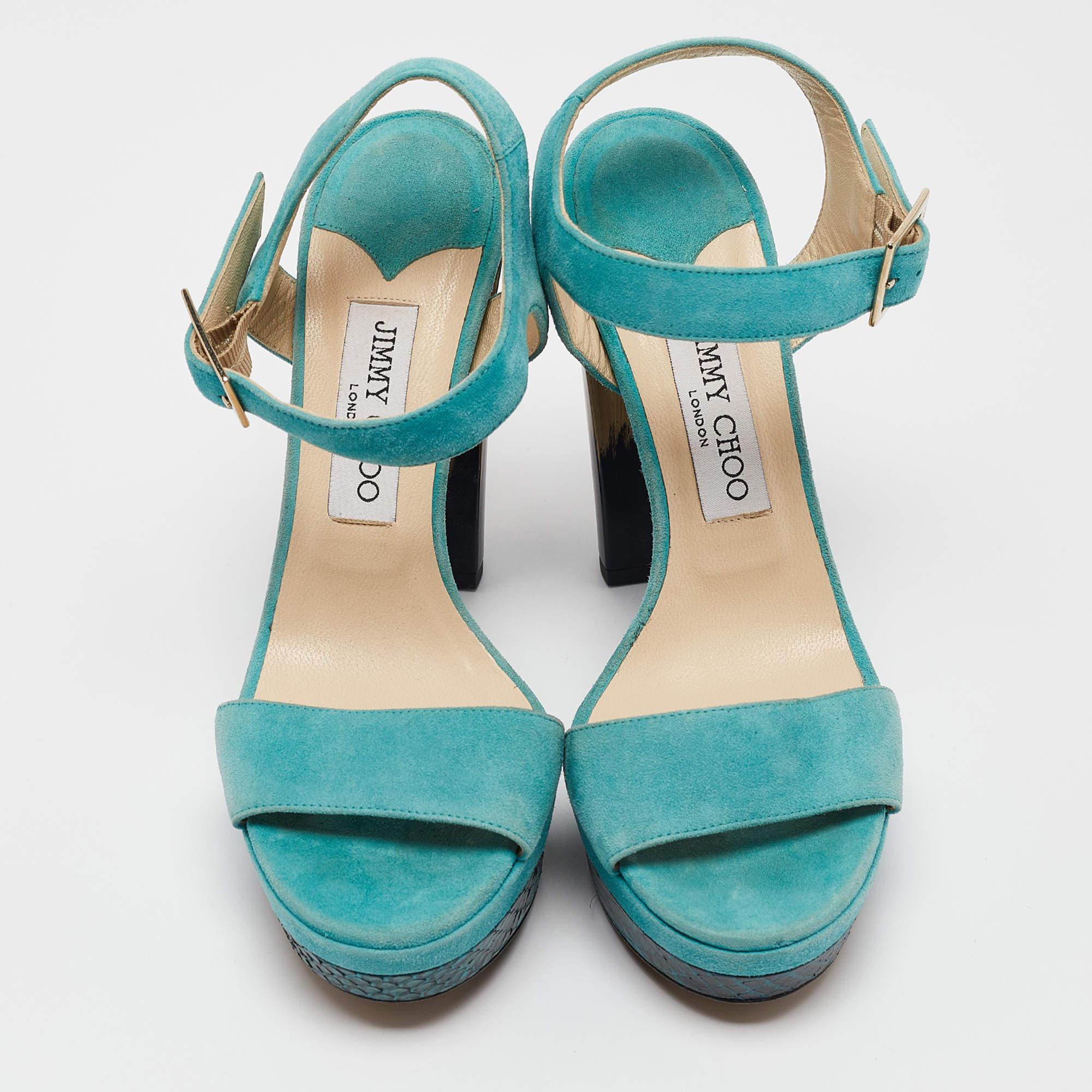 Jimmy Choo Blue Suede Dora Ankle Strap Sandals Size 37.5 In Good Condition For Sale In Dubai, Al Qouz 2