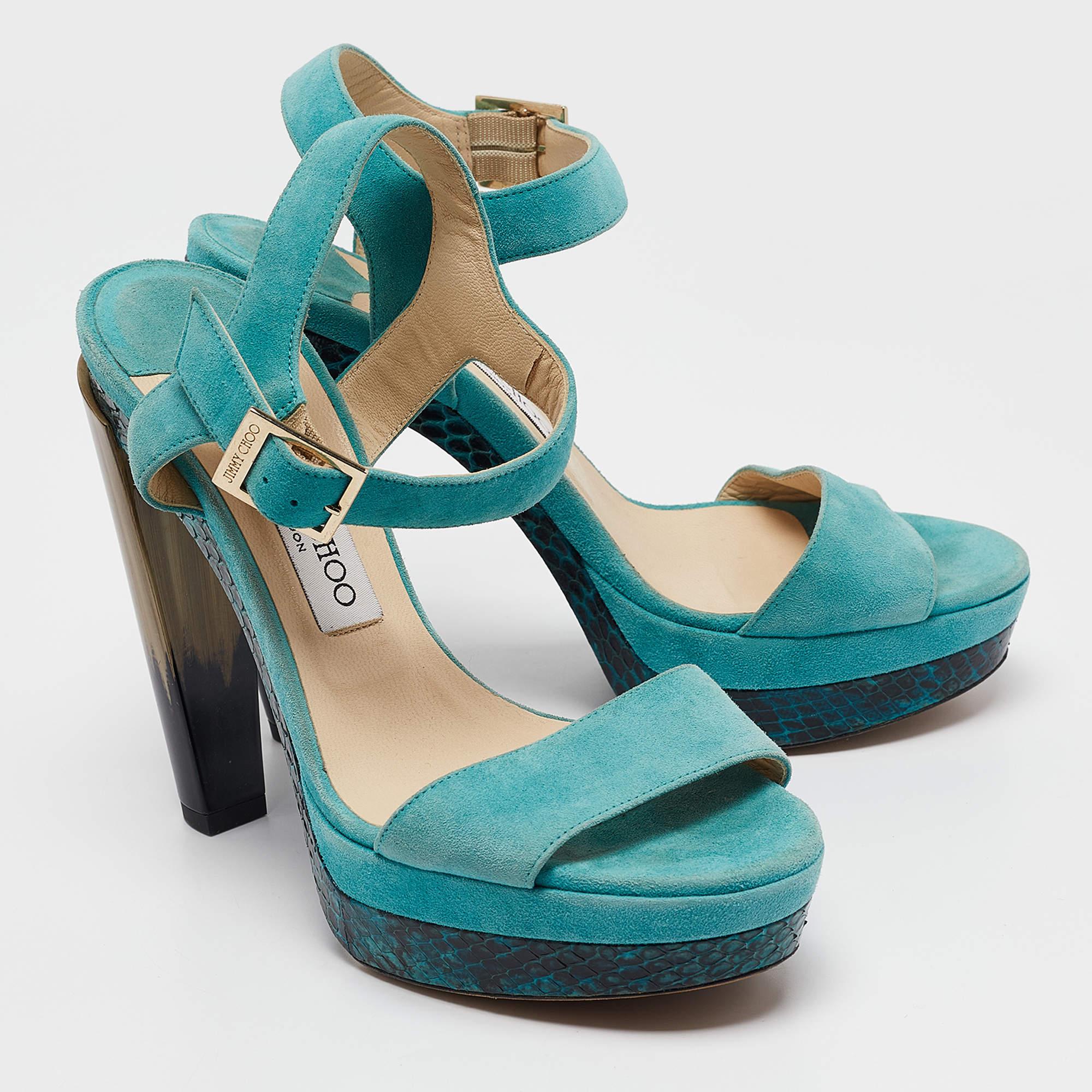 Women's Jimmy Choo Blue Suede Dora Ankle Strap Sandals Size 37.5 For Sale