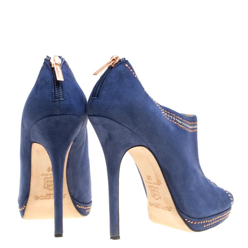 Jimmy Choo Blue Suede Glint Stud Trim Peep Toe Ankle Booties Size 39 1