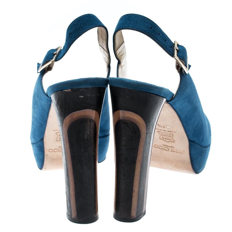 Jimmy Choo Blue Suede Lexy Platform Slingback Sandals Size 37.5 In Good Condition In Dubai, Al Qouz 2