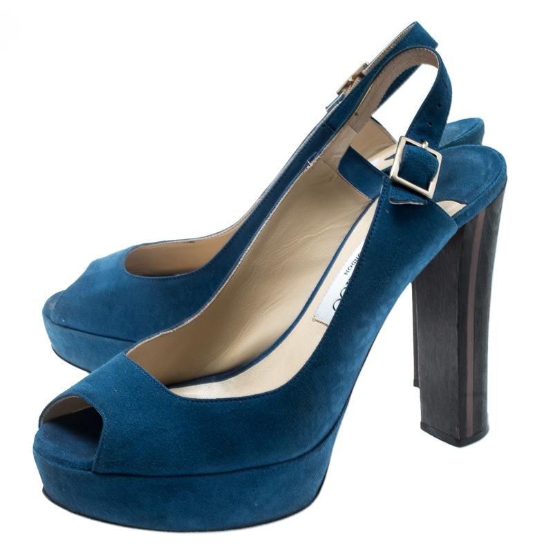 Women's Jimmy Choo Blue Suede Lexy Platform Slingback Sandals Size 37.5