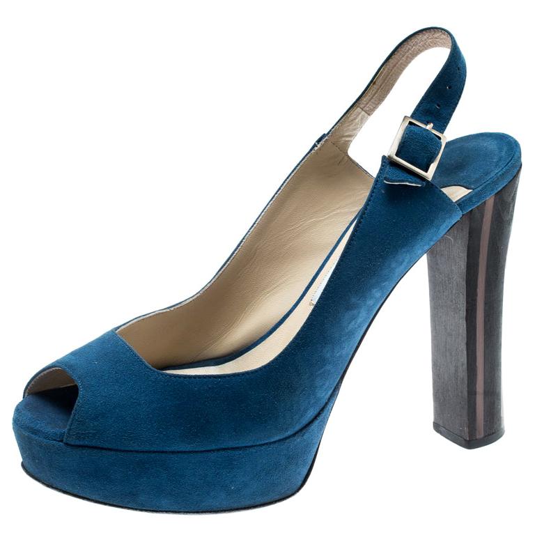 Jimmy Choo Blue Suede Lexy Platform Slingback Sandals Size 37.5