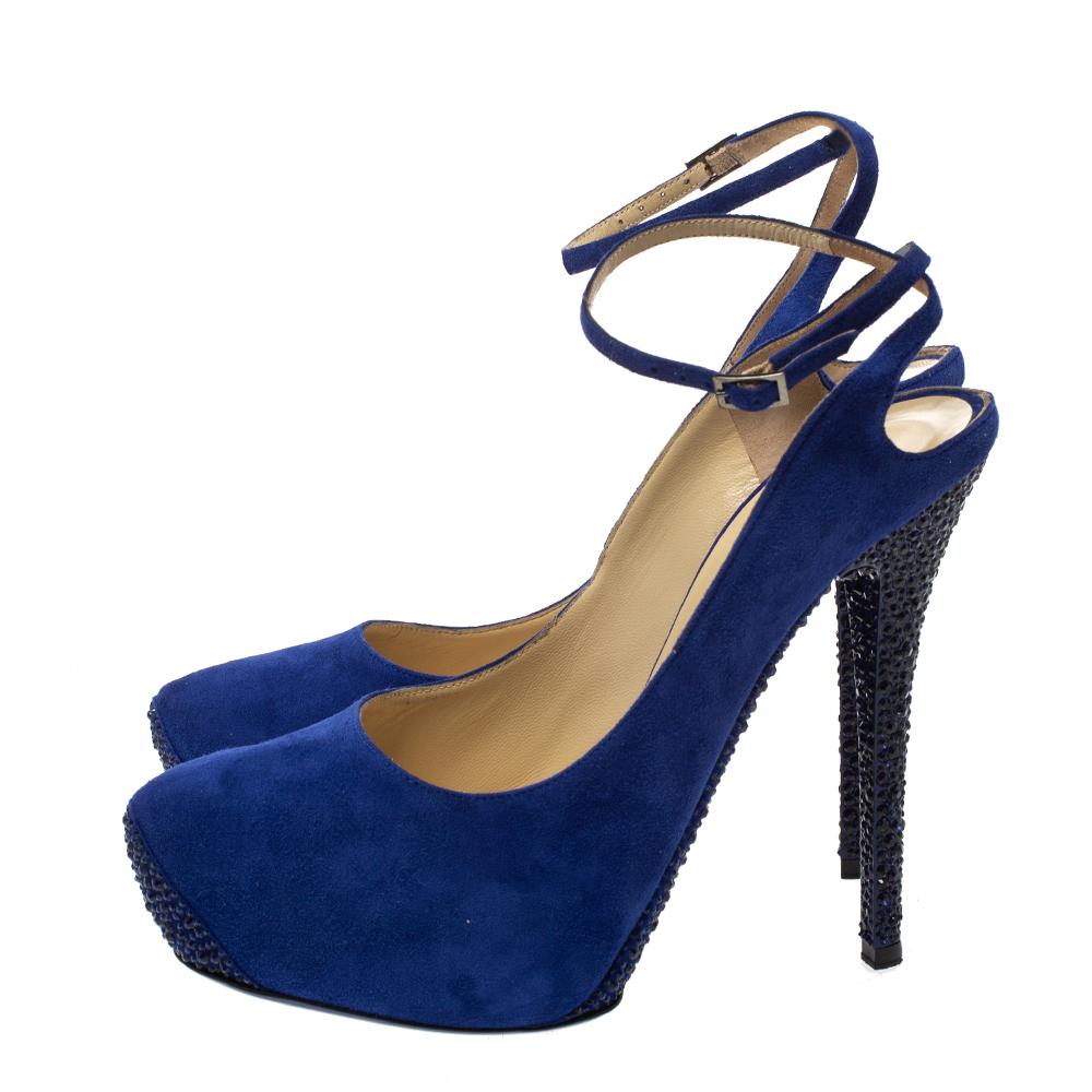 Women's Jimmy Choo Blue Suede Swarovski Crystal Ankle Strap Platform Pumps Size 39