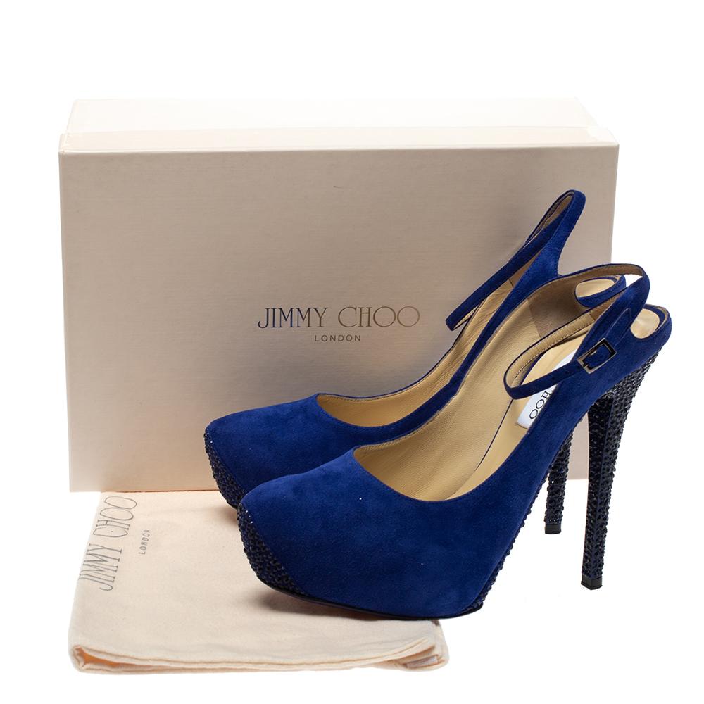 Jimmy Choo Blue Suede Swarovski Crystal Ankle Strap Platform Pumps Size 39 1