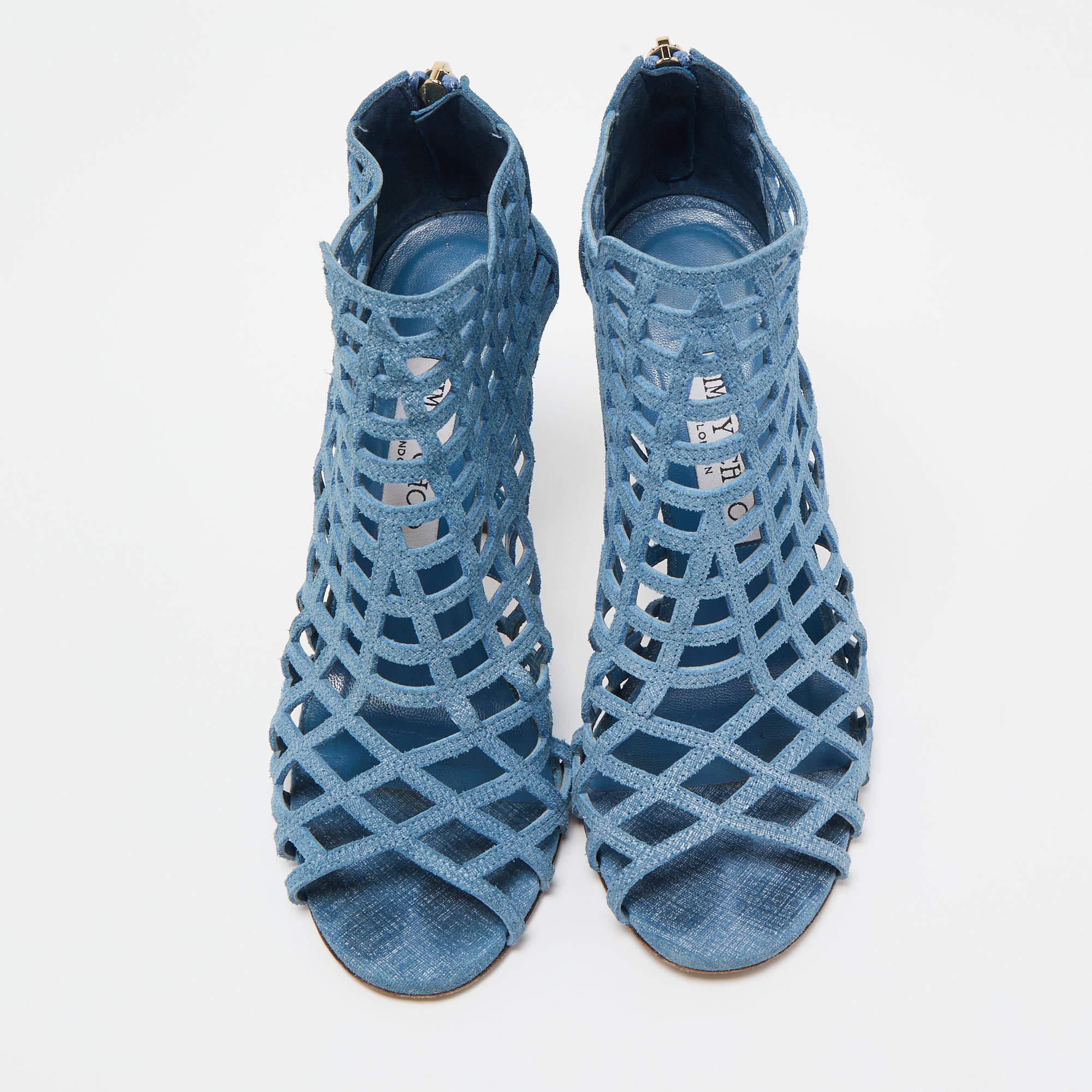 Women's Jimmy Choo Blue Textured Suede Dassa Caged Booties Size 37 For Sale