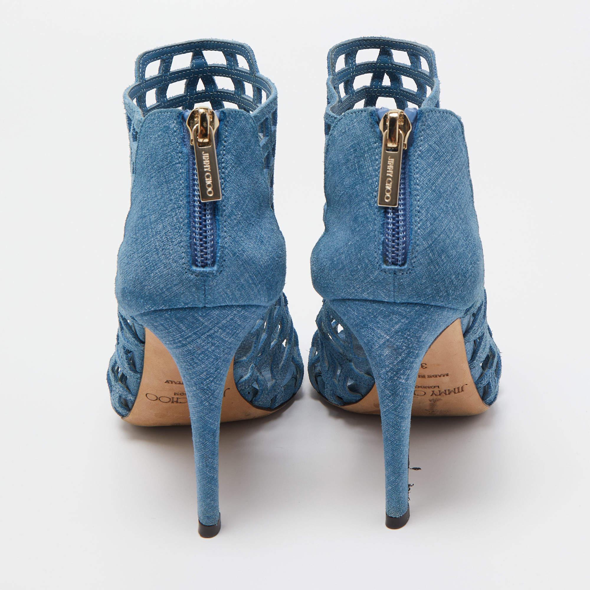Jimmy Choo Blue Textured Suede Dassa Caged Booties Size 37 For Sale 4