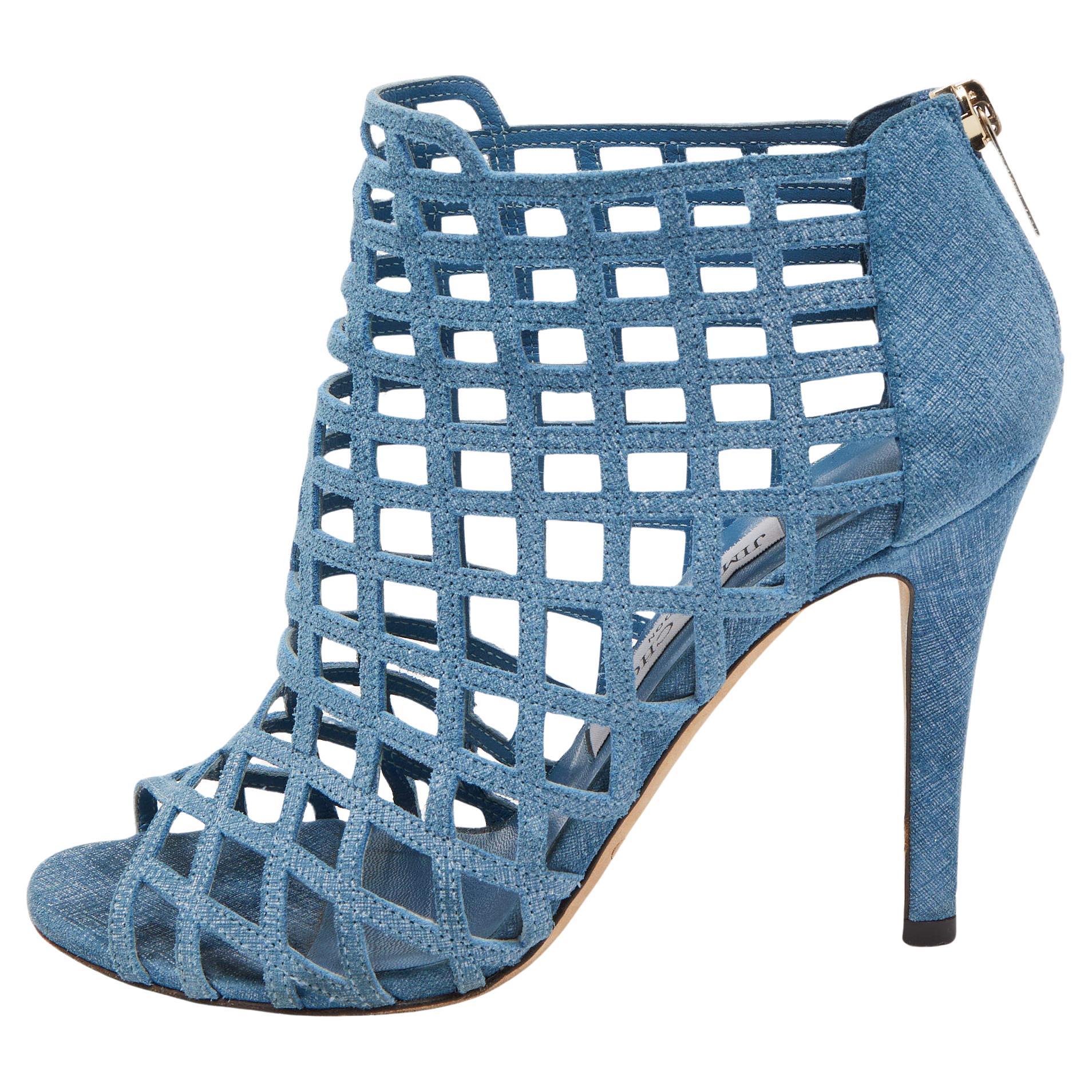 Jimmy Choo Blue Textured Suede Dassa Caged Booties Size 37 For Sale