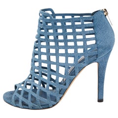 Used Jimmy Choo Blue Textured Suede Dassa Caged Booties Size 37
