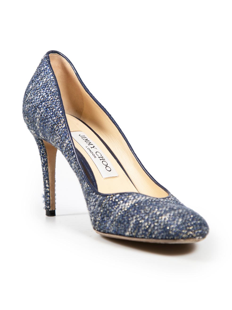 CONDITION is Very good. Hardly any visible wear to shoes is evident on this used Jimmy Choo designer resale item.
 
 
 
 Details
 
 
 Blue
 
 Cloth
 
 Pumps
 
 Metallic thread
 
 Slip on
 
 Round toe
 
 Mid heeled
 
 
 
 
 
 Made in Italy
 
 
 
