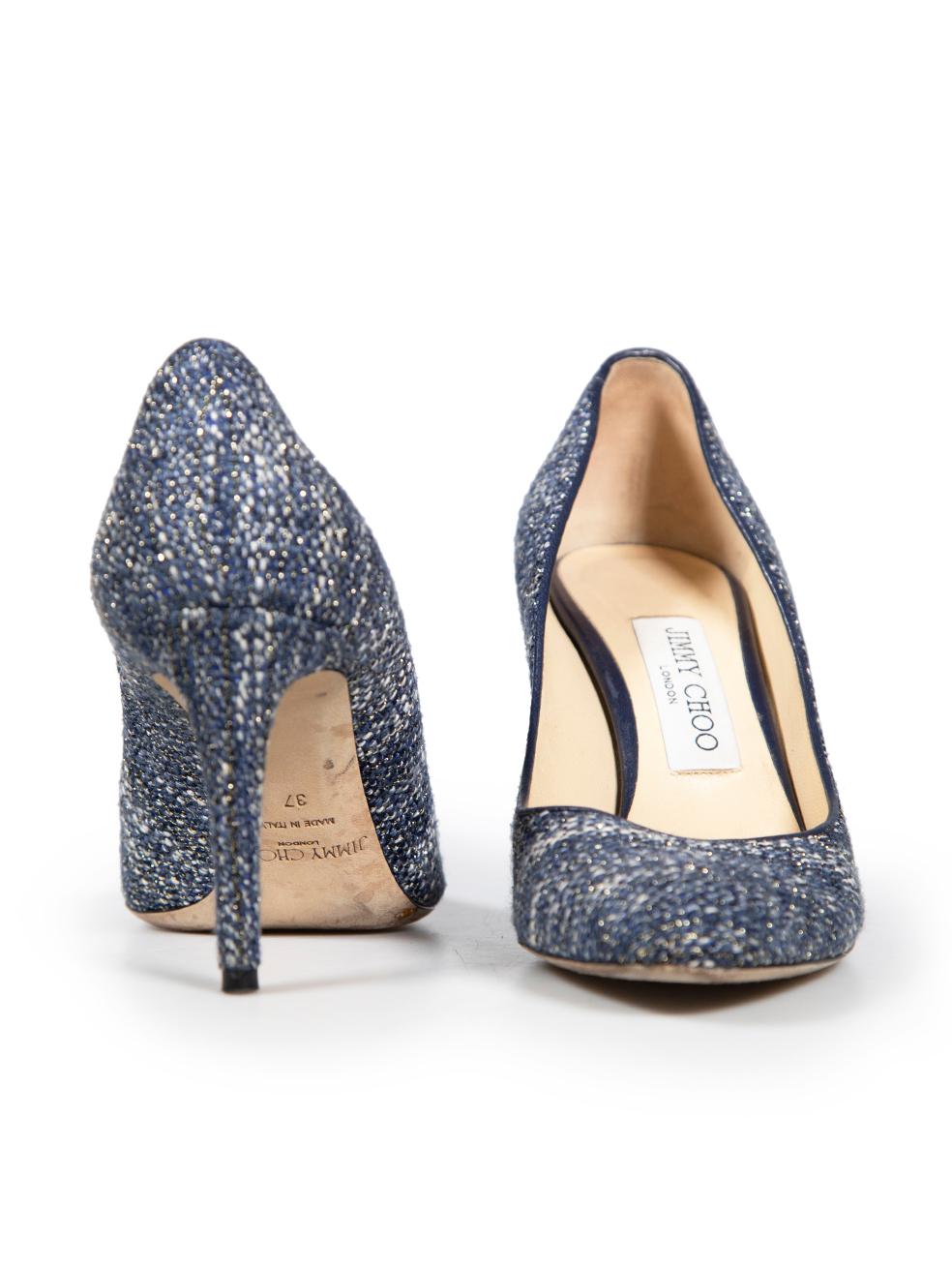Jimmy Choo Blue Tweed Glitter Fabric Pumps Size IT 37 In Good Condition For Sale In London, GB