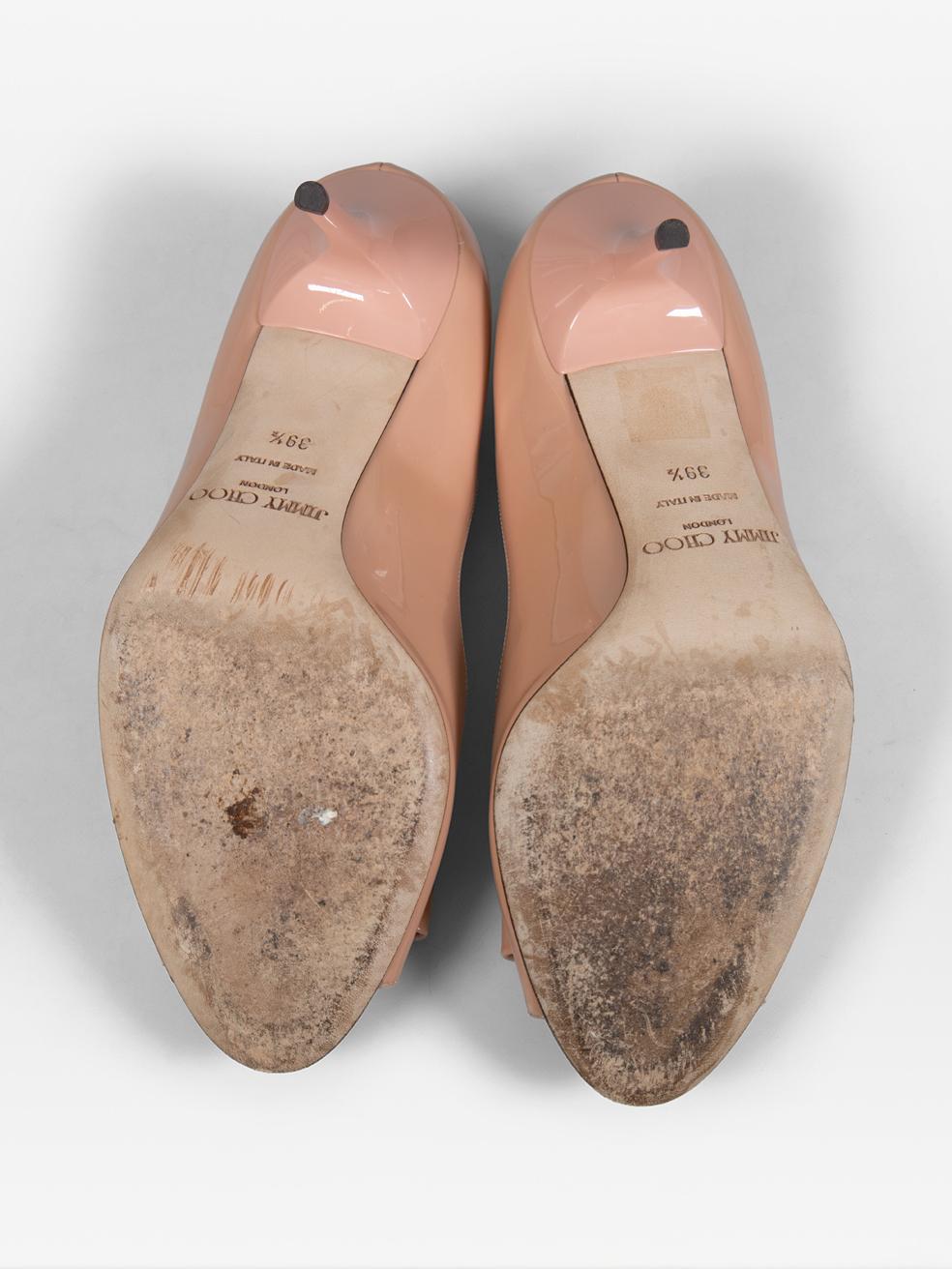 Jimmy Choo Blush Patent Bow Peep Toe Heels Size IT 39.5 In Good Condition For Sale In London, GB