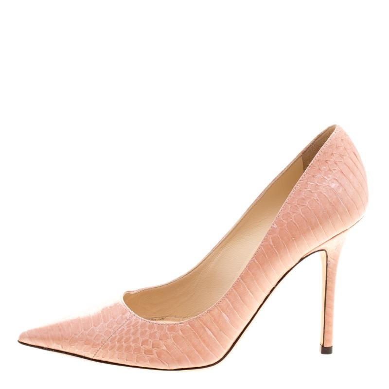 Pointed toes are evergreen, that's why this Jimmy Choo pair of pumps are valuable and buy-worthy. The blush pink pumps are wonderfully crafted from Elaphe snake leather and they are shaped with pointed toes and balanced on 10 cm heels. Grab these