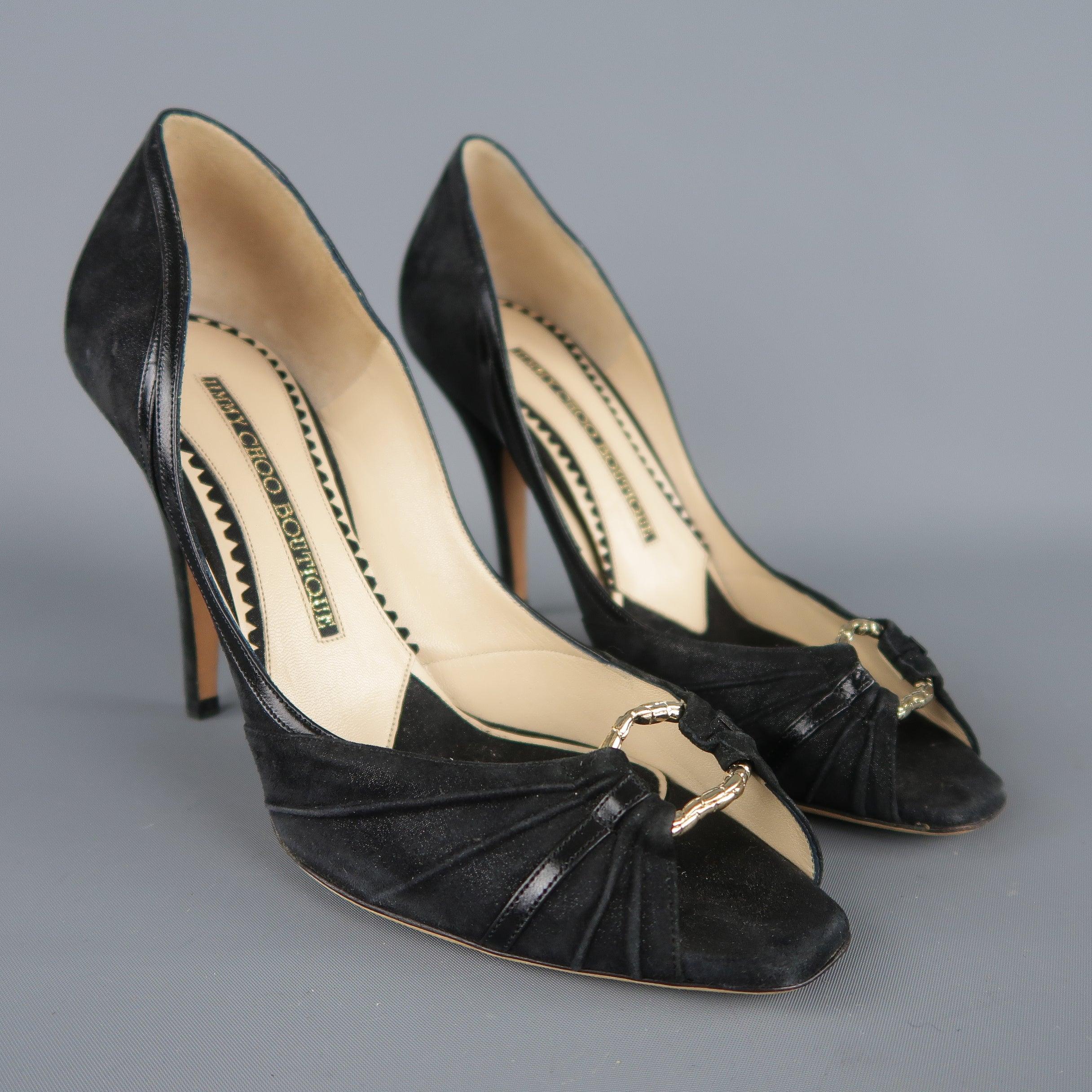 JIMMY CHOO BOUTIQUE pumps come in metallic suede with black leather piping, and gathered peep toe with gold tone hoop. Made in Italy.Excellent Pre-Owned Condition. 

Marked:   IT 39 

Measurements: 
  Heel: 4 inches 
 
  
  
 
Reference: