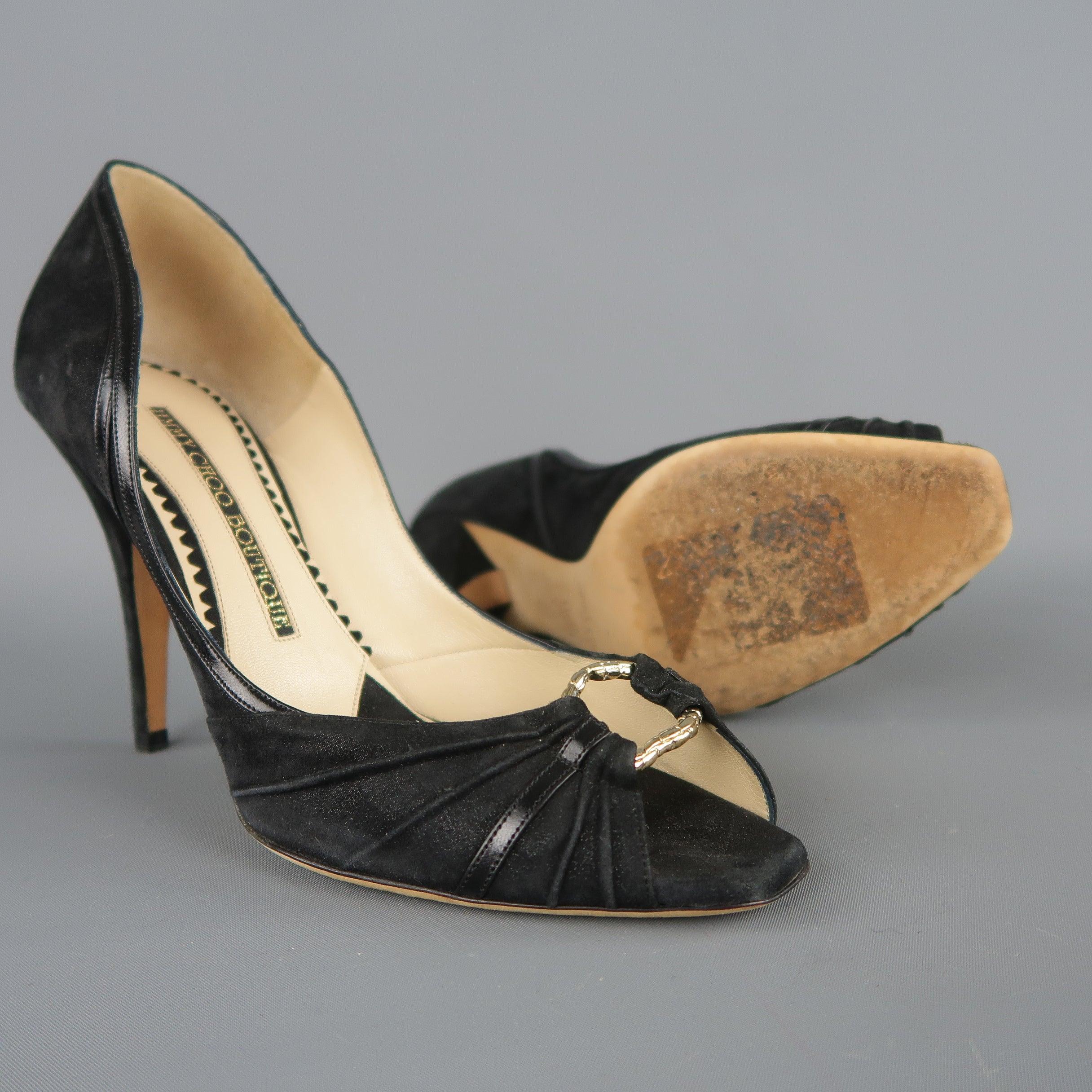 JIMMY CHOO BOUTIQUE Size 9 Black Suede Gold Hoop Peep Toe Pumps In Excellent Condition In San Francisco, CA