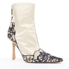 JIMMY CHOO Bridal beige satin black lace trim point toes heel ankle booties EU37