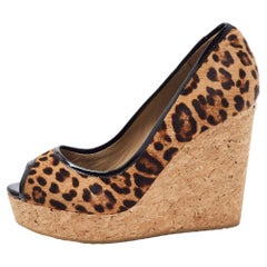 Jimmy Choo Brown/Beige Leopard Print Wedge Platform Pumps Size 39