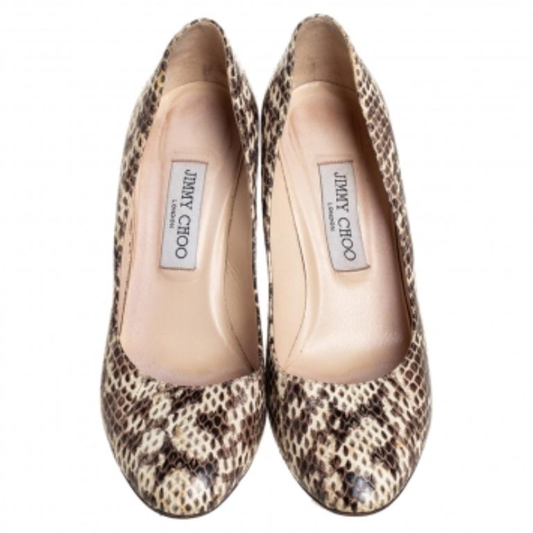 Jimmy Choo Brown/Beige Python Embossed Leather Pumps Size 38.5 For Sale 1