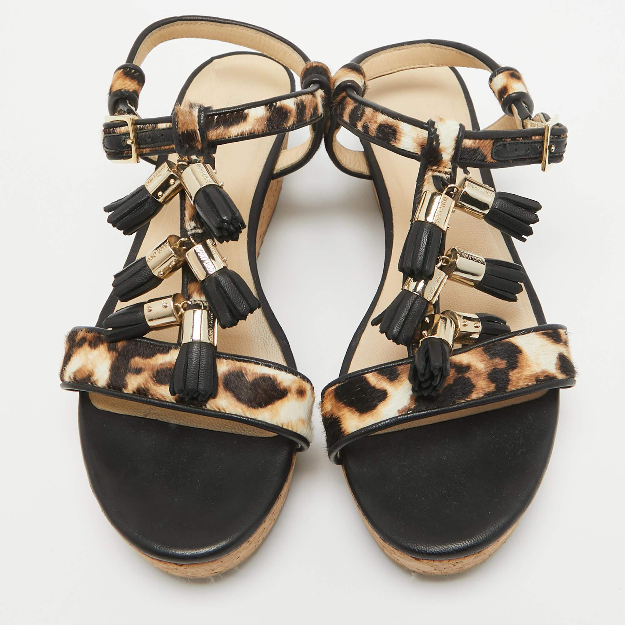 Jimmy Choo Brown/Black Calf Hair and Leather Wedge Ankle Strap Sandals Size 38.5 In Good Condition In Dubai, Al Qouz 2