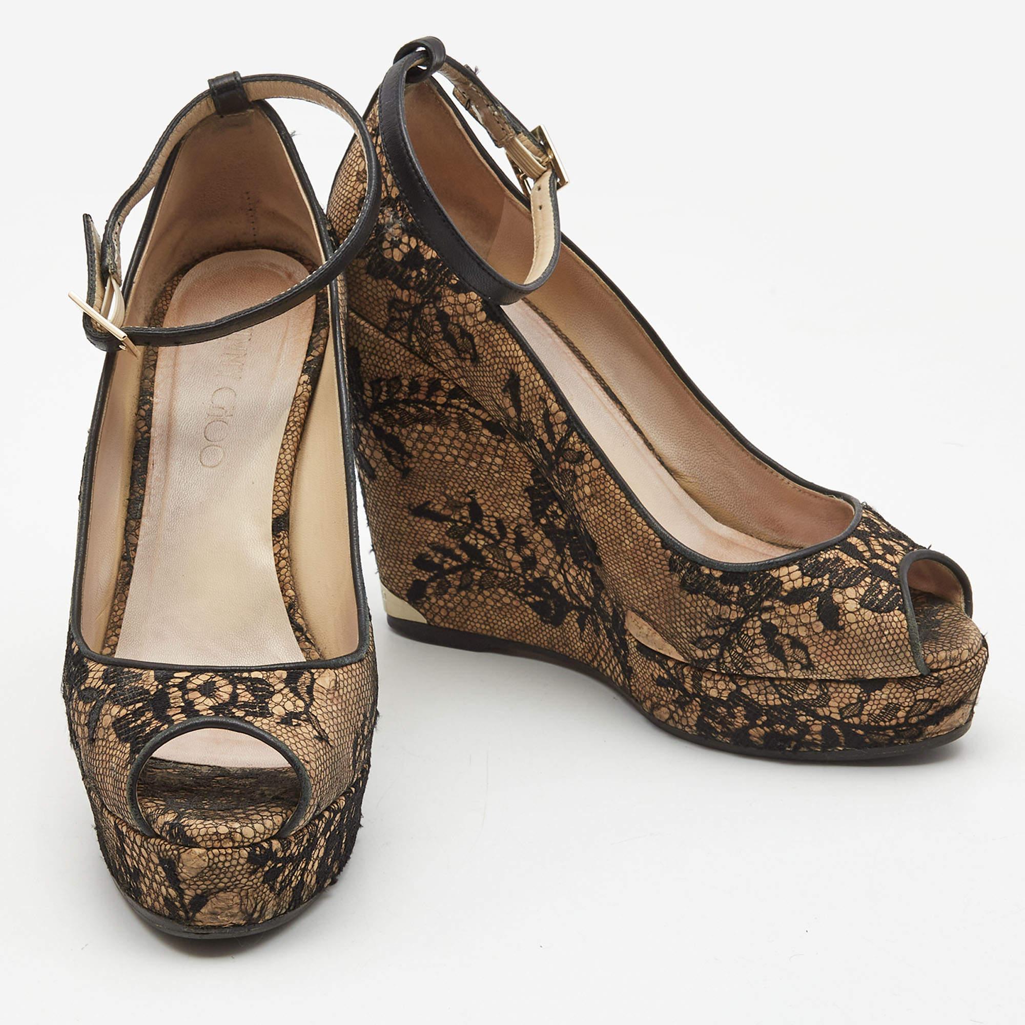 Women's Jimmy Choo Brown/Black Cork and Lace Wedge Ankle Strap Pumps Size 38 For Sale