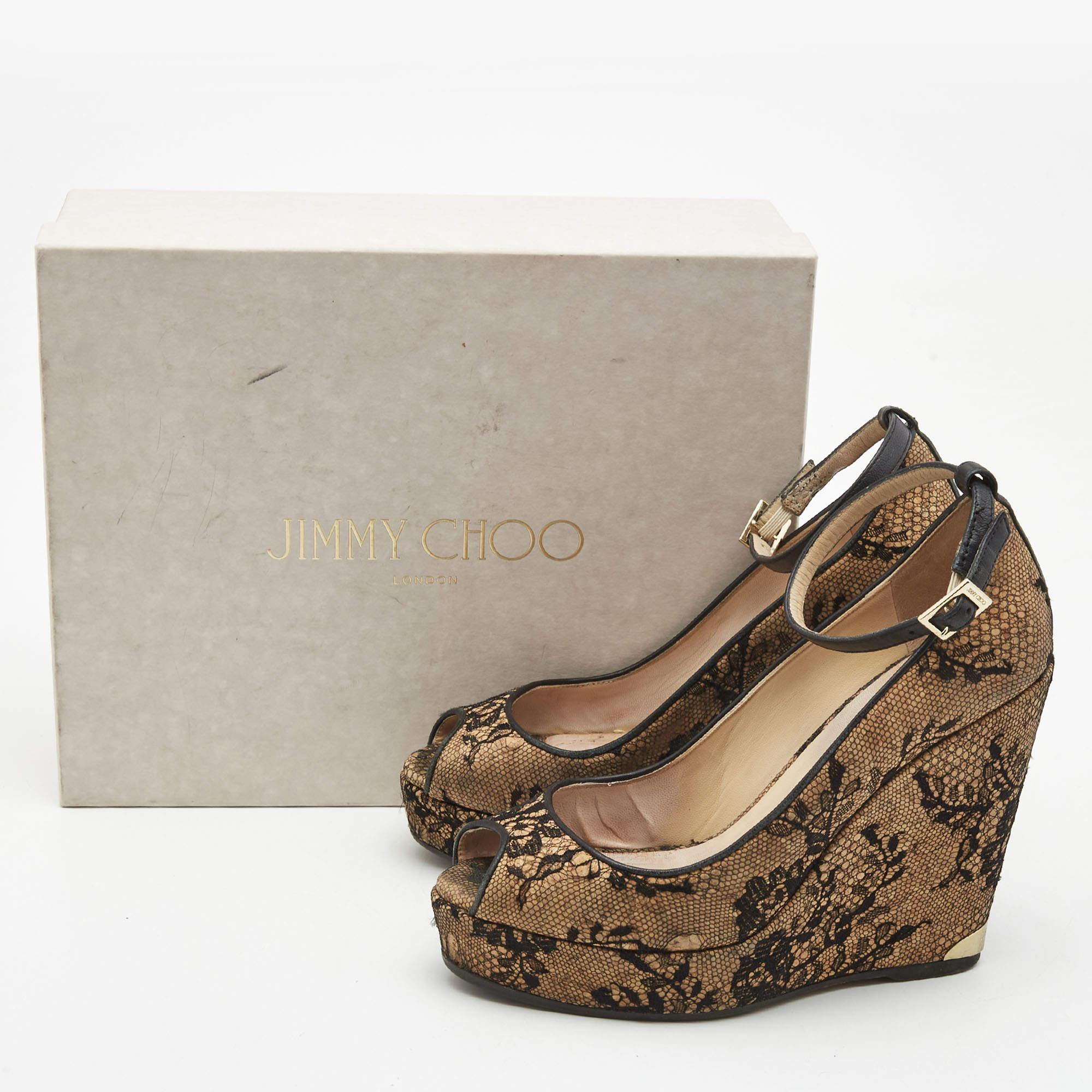 Jimmy Choo Brown/Black Cork and Lace Wedge Ankle Strap Pumps Size 38 For Sale 5