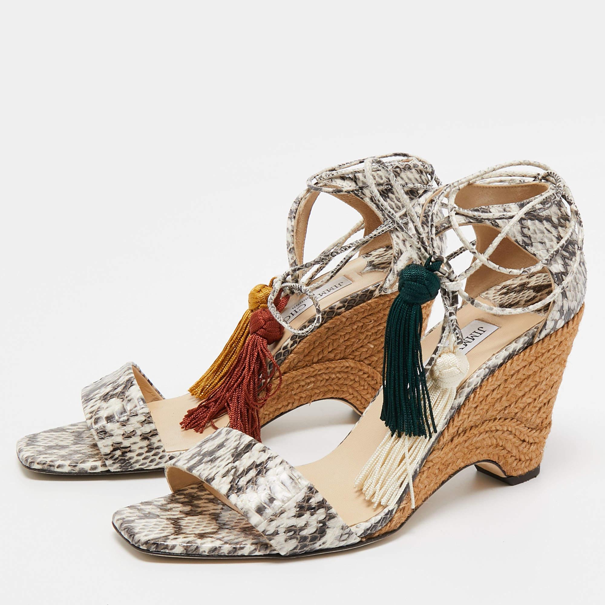 Jimmy Choo Brown/Cream Python Leather Wedge Sandals Size 40.5 In Good Condition For Sale In Dubai, Al Qouz 2