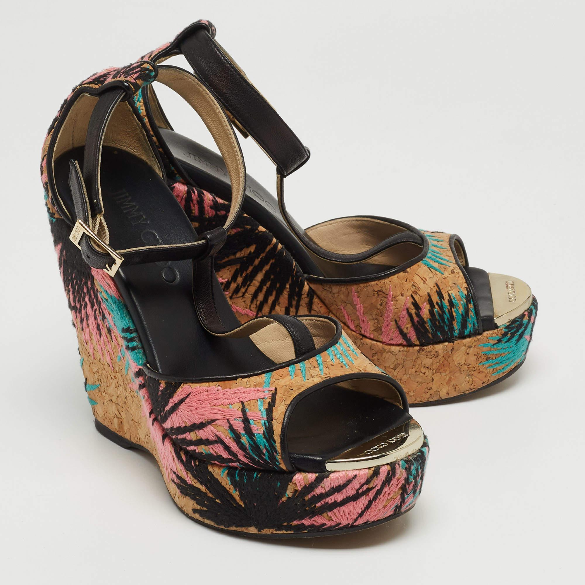 Jimmy Choo Brown Embroidered Cork and Leather T-Strap Platform Wedge Sandals Siz In Good Condition In Dubai, Al Qouz 2