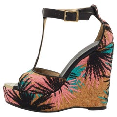 Jimmy Choo Brown Embroidered Cork and Leather T-Strap Platform Wedge Sandals Siz