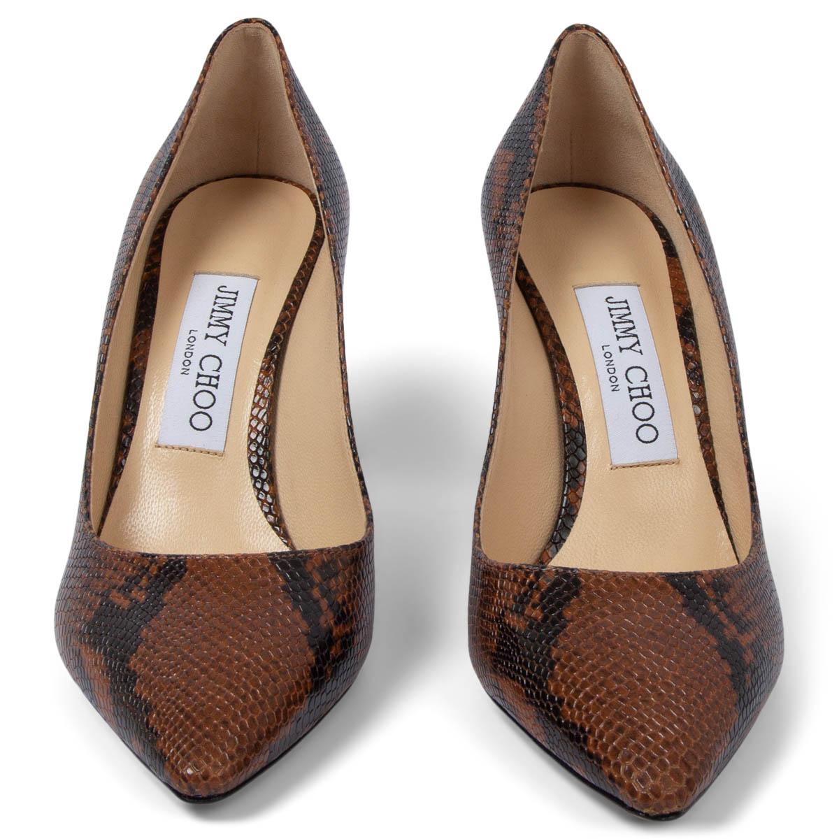 100% authentic Jimmy Choo Romy 85 brown and espresso brown snakeskin embossed calfskin pointed-toe pumps. Brand new. Come with dust bag. 

Measurements
Imprinted Size	36.5
Shoe Size	36.5
Inside Sole	24.5cm (9.6in)
Width	7cm (2.7in)
Heel	8cm