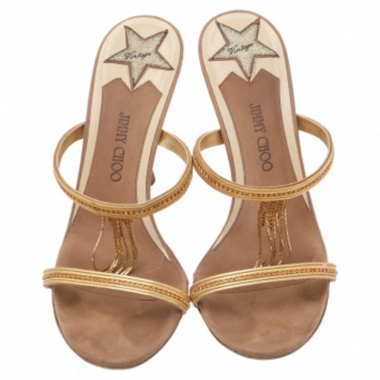 Jimmy Choo Brown/Gold Leather Embellished Sandals Size 38 Bon état - En vente à Dubai, Al Qouz 2