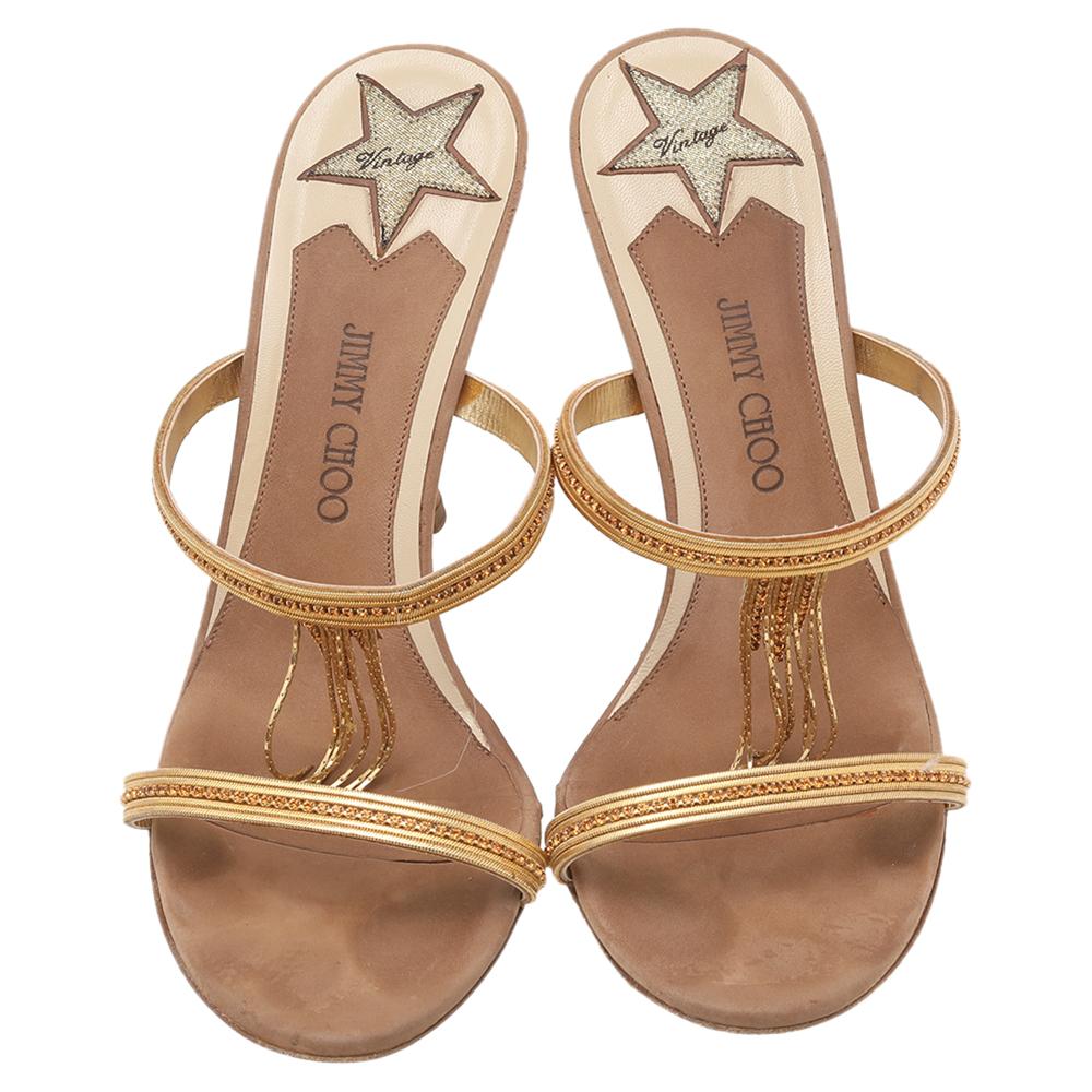 Jimmy Choo Brown/Gold Leather Embellished Sandals Size 38 For Sale 1