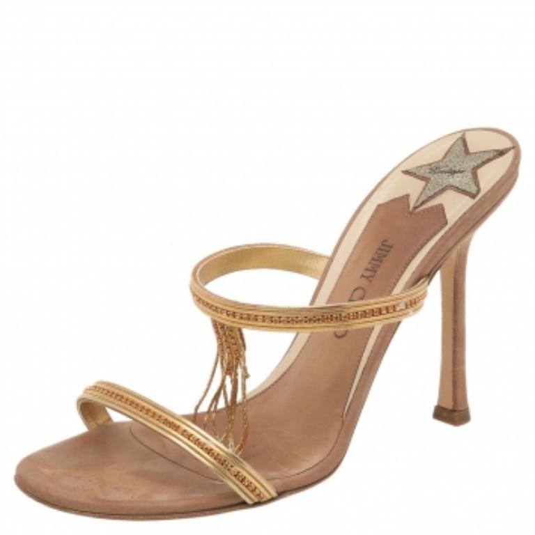 Jimmy Choo Brown/Gold Leather Embellished Sandals Size 38 en vente 2