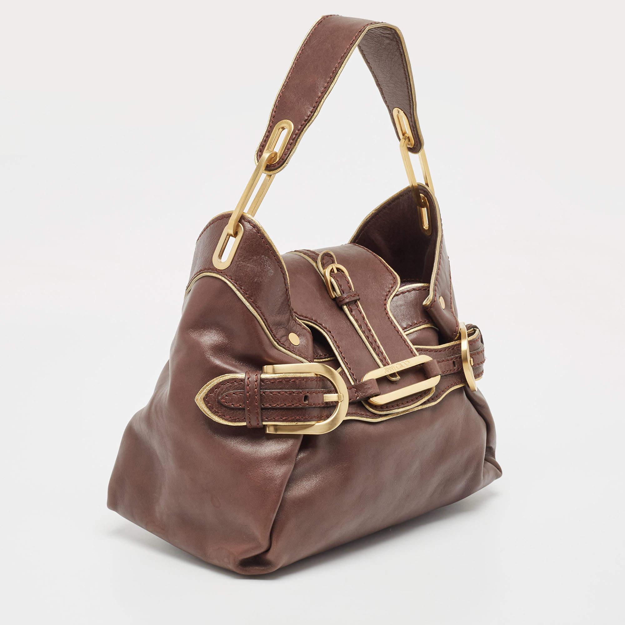 Jimmy Choo Brown/Gold Leather Tulita Shoulder Bag In Good Condition In Dubai, Al Qouz 2