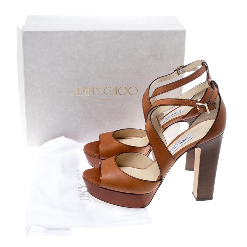 Jimmy Choo Brown Leather April Cross Strap Platform Block Heel Sandals Size 40.5 3