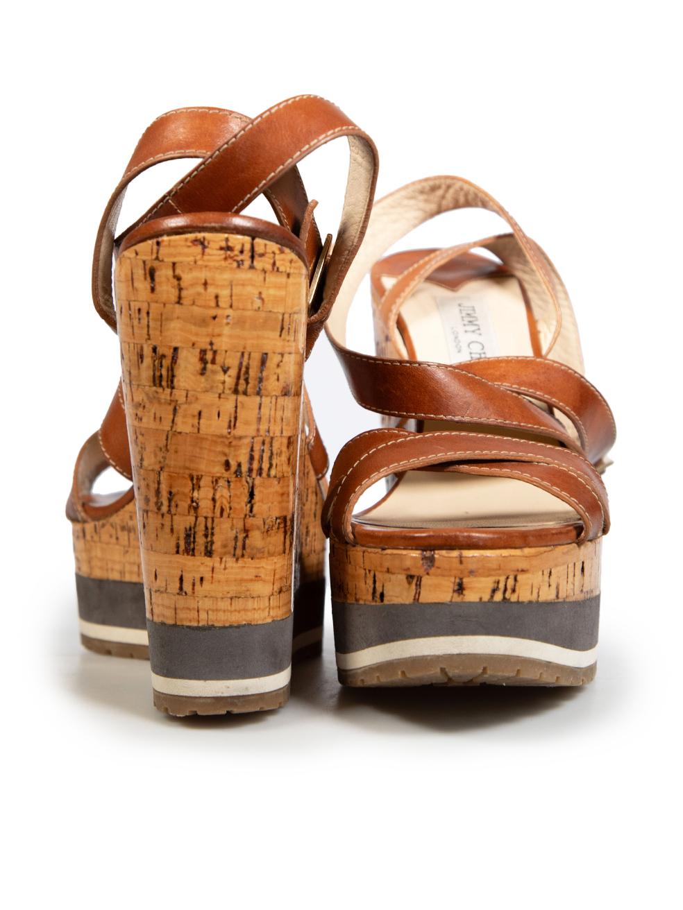 Jimmy Choo Brown Leather Cork Wedge Sandals Size IT 40 In Good Condition In London, GB