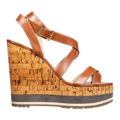 Jimmy Choo Brown Leather Cork Wedge Sandals Size IT 40