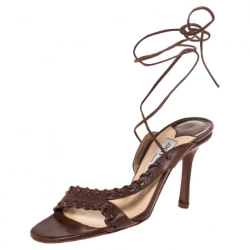 Donna Jimmy Choo Brown Leather Corset Ankle Wrap Sandals Size 39 in vendita