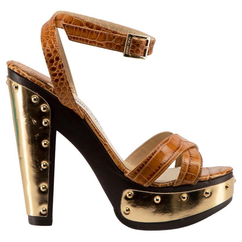 Jimmy Choo Brown Leather Croc Embossed Sandals Size IT 39.5 For Sale