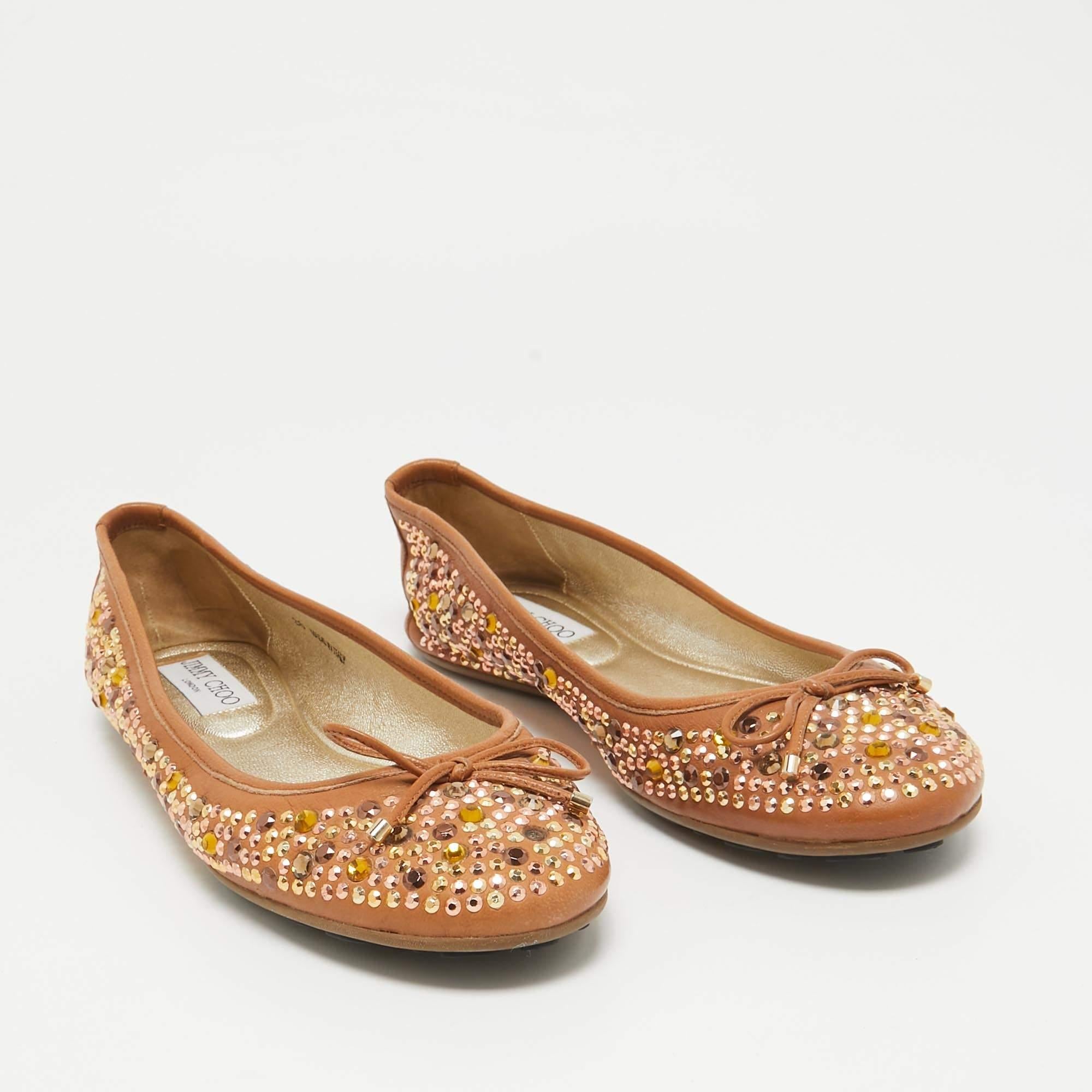 Women's Jimmy Choo Brown Leather Crystal Embellished Ballet Flats Size 38 For Sale
